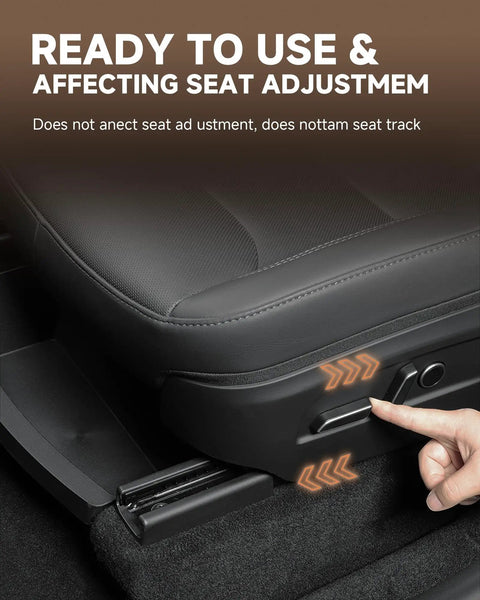 Dead On Fit Under Seat Storage For Tesla Model Y Black 2 Pack Rugged Non Slip Organizer showing seat adjustment mechanism.