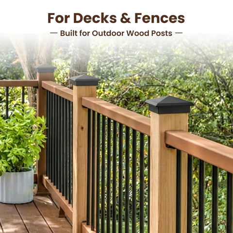 Built Tough Aluminum Pyramid Post Cap For True 3.5-Inch Wood Posts Weather Resistant Black Outdoor Deck And Fence Cover Heavy Duty Post Cap That Fits Real 3.5-Inch Posts on wooden fence