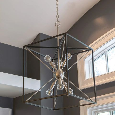 Six Light Sputnik Pendant In Brushed Steel And Glass, glam industrial ceiling light fixture for dining area, cube frame design.