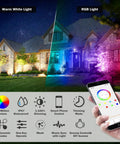 Smart Outdoor Halloween Lights 15W RGB Flood Spotlight illuminating a house with warm white and RGB colors, app control shown.