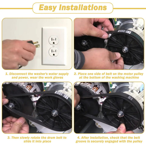 Instructions for easy installation of 2 Pack Wh01x27538 Washer Drive Belt, showcasing belt placement on motor pulley.