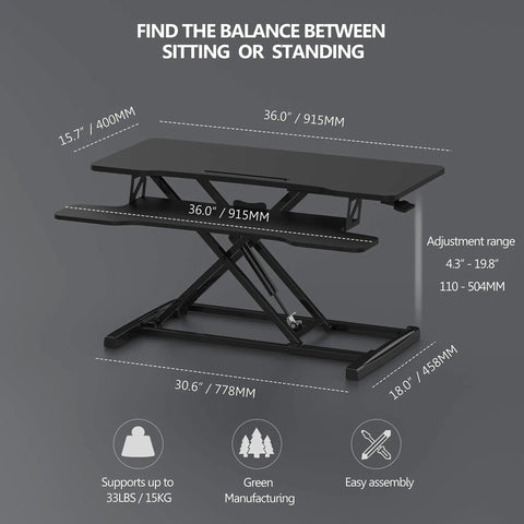 Height Adjustable Standing Desk Converter 36 Inch Wide Sit To Stand Riser For Laptops And Dual Monitors Black Tabletop