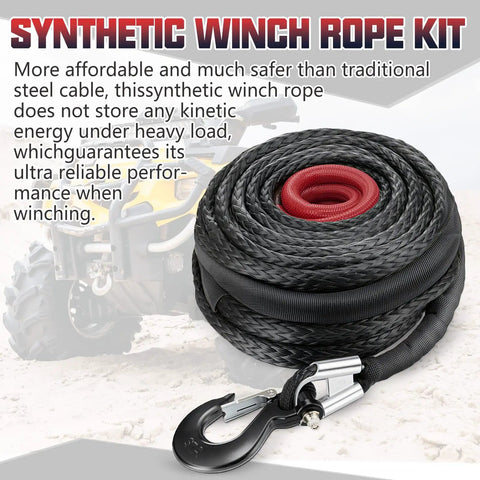 Half Inch By 100 Foot Synthetic Winch Rope Cable Kit For Off Road Trucks And ATVs 32000 Lbs Break Strength Black Protective Sleeve And Forged Hook, coiled with hook