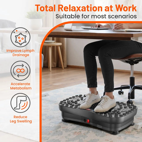 Woman using Vibration Plate Fitness Platform for full body workout under desk, exercise machine for weight loss and fat burning at home