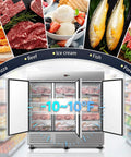 Badass Commercial Upright Freezer With Three Doors Packing Massive 72 Cubic Foot Storage, showcasing meat and ice cream.