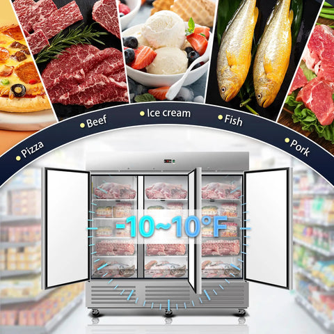 Badass Commercial Upright Freezer With Three Doors Packing Massive 72 Cubic Foot Storage, showcasing meat and ice cream.