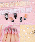 Glam Up Your Nails With This All In One Nail Art Kit Featuring Colorful Rhinestones Flatback Pearls in assorted nail designs.