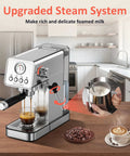 Score That Cafe Style Shot At Home With A 20 Bar Espresso Machine Boasting A Built In Steam Wand And Milk Frother For Silky Lattes Plus Rapid 1350W Heating And An Easy Access 37 Oz Water Tank For Hectic Days And Chill Evenings, showcasing a stainless steel espresso machine with steam wand, brewed coffee, and milk frothing.