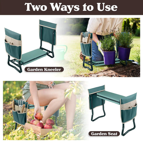 2 In 1 Garden Kneeler And Seat Foldable With Removable Tool Pockets shown as kneeling pad and sturdy stool for planting