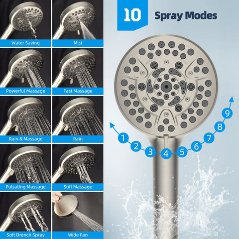 Close-up of handheld showerhead with 10 settings from 12 Inch All Metal Shower Head System With CUPC Certified High Pressure Rainfall.