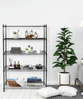 Five Tier Adjustable Metal Wire Shelving Unit With Leveling Feet Heavy Duty Pantry Organizer Rack For Kitchen Garage Laundry Office Black Built To Last And Able To Hold 350 Pounds Per Shelf black wire shelf in living room with decor and folded clothes