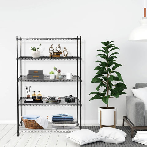 Five Tier Adjustable Metal Wire Shelving Unit With Leveling Feet Heavy Duty Pantry Organizer Rack For Kitchen Garage Laundry Office Black Built To Last And Able To Hold 350 Pounds Per Shelf black wire shelf in living room with decor and folded clothes