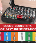 59 Piece Quarter Inch Screwdriver Bit Set With S2 Steel Color Coded Bits Magnetic Bit Holder And Storage Case displayed open on a table.