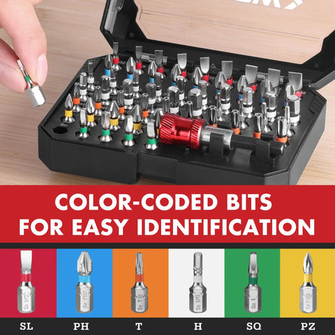 59 Piece Quarter Inch Screwdriver Bit Set With S2 Steel Color Coded Bits Magnetic Bit Holder And Storage Case displayed open on a table.