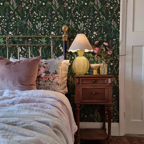 Bedroom featuring Farm Floral Peel And Stick Wallpaper For Walls And Cabinets Dark Wildwood Look covering wall behind bed.