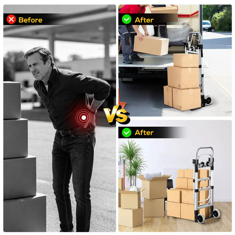 Heavy Duty 3 In 1 Convertible Hand Truck Dolly With 600 Pound Capacity folding cart shown in before and after moving scenarios.