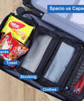 Open suitcase with Hangable Travel Luggage Organizer For Carry On Collapsible Hanging Packing Cubes, snacks and clothes inside.