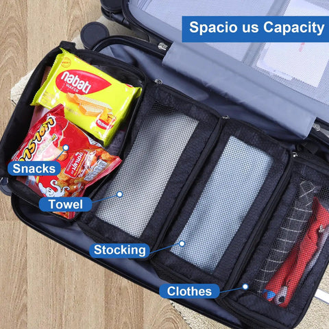 Open suitcase with Hangable Travel Luggage Organizer For Carry On Collapsible Hanging Packing Cubes, snacks and clothes inside.
