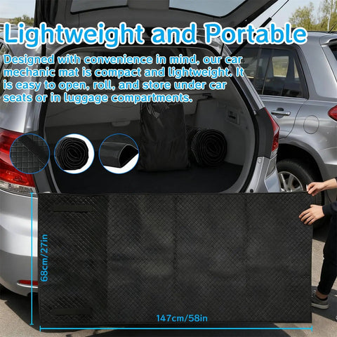 Rolling Creeper Mat For Mechanics 58x27 Inch Durable Oil And Water Resistant Garage Floor Pad Foldable Car Repair Pad With Storage Bag in an open car trunk