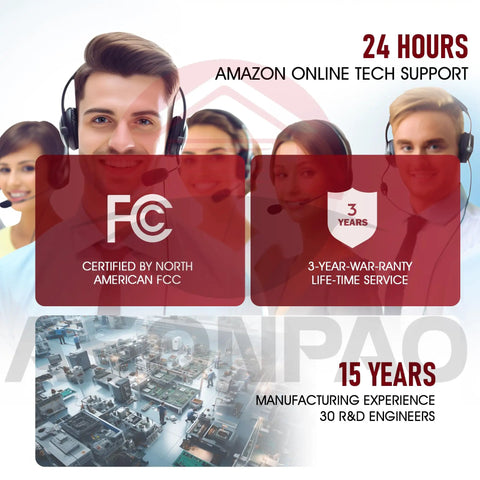 Customer support team with headsets, FCC certification badge, 3-year warranty emblem, manufacturing facility image