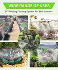 Misting Irrigation Kit For Plants With One Quarter Inch And One Half Inch Tubing, spraying water in garden and patio settings.