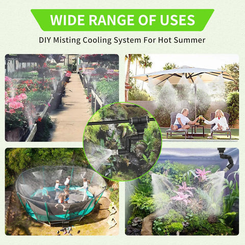 Misting Irrigation Kit For Plants With One Quarter Inch And One Half Inch Tubing, spraying water in garden and patio settings.