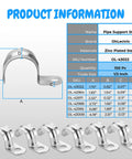Diagram and lineup of Beefy Heavy Duty Pipe Strap Half Inch Zinc Plated Steel EMT Conduit Clamps 100 Pack Reinforced Rib Design.