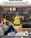 No Fuss Outdoor Smart Plug With Dual Independent Sockets And Auto Timer App Voice Control IP44 Weatherproof 15 Amp Power Outlet For Backyard Patio Game Day Setup with user enjoying voice commands for lights.