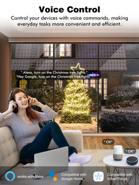 No Fuss Outdoor Smart Plug With Dual Independent Sockets And Auto Timer App Voice Control IP44 Weatherproof 15 Amp Power Outlet For Backyard Patio Game Day Setup with user enjoying voice commands for lights.
