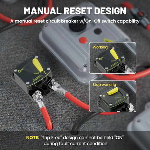 40 Amp Circuit Breaker With Manual Reset For DC 12 To 48V, shown with red cables on gray surface, manual reset design visible