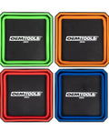 Foldable Magnetic Parts Tray Set For Mechanics Collapsible Four A Half Inch Square Tray With Two Pound Capacity Great For Sorting And Storing Small Parts Portable Auto Tool Organizer Gift For Mom showing four stackable trays in green, orange, red, and blue.