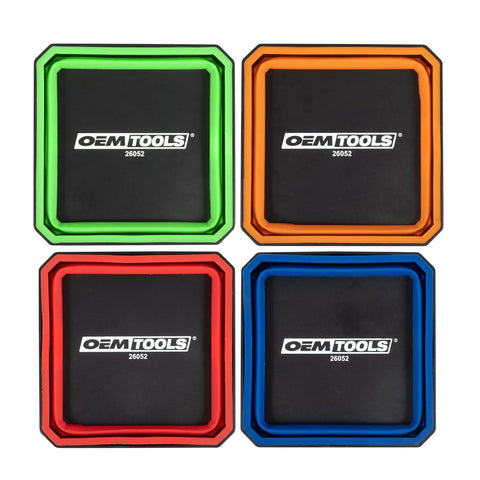 Foldable Magnetic Parts Tray Set For Mechanics Collapsible Four A Half Inch Square Tray With Two Pound Capacity Great For Sorting And Storing Small Parts Portable Auto Tool Organizer Gift For Mom showing four stackable trays in green, orange, red, and blue.