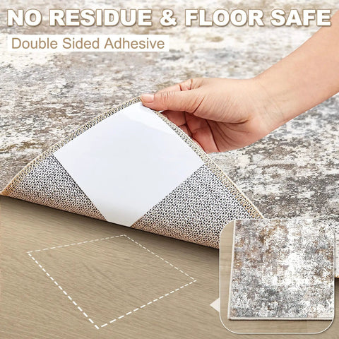 Hand lifting rug corner showing Anti Slip Rug Tape For Hardwood Floors 12 Pack Rug Grips White Rug Stickers for wooden floor use