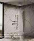 Bathroom with Awaken 10 Inch Rain Shower Head No Fuss Swivel Ball Design, polished chrome finish, mounted on marble wall