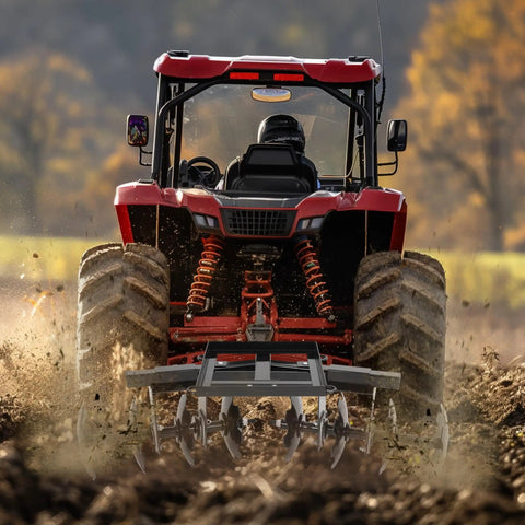 54 Inch Disc Plow Harrow For ATV UTV With 2 Inch Receiver Pull Behind Tiller in use on muddy field with tractor