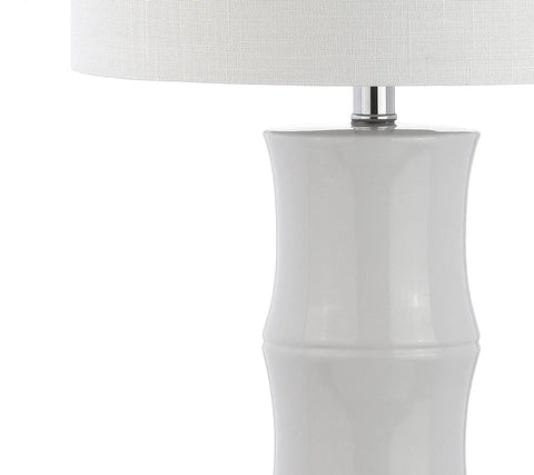 Close-up of 26.5 Inch White Ceramic Table Lamp With Linen Drum Shade And Bamboo Design For Living Room Or Bedroom Nightstand Modern Bedside Light