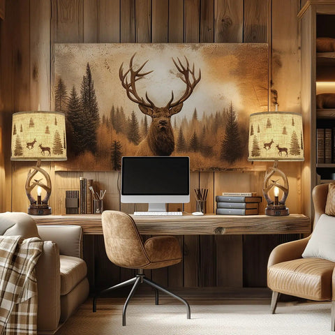 Rustic Farmhouse Antler Table Lamp Set Of 2 With Nightlight And Dual USB Ports on wooden desk with computer screen