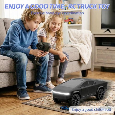 Kids playing indoors with 1 24 Scale RC Pickup Truck With 2 4GHz Remote Control LED Lights Load Bed Built In Rechargeable Battery
