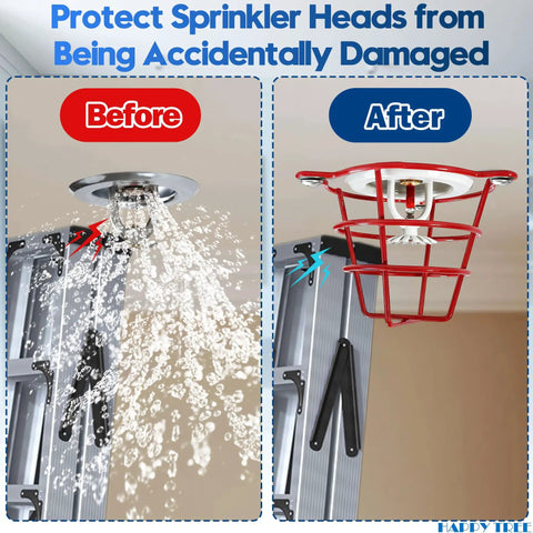 Heavy Duty Red Fire Sprinkler Head Guard Cage Cover For 1 2 And 3 4 Inch Systems Easy Install No Hassle Rugged Steel Mesh Before and After Protecting Sprinkler Heads