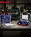 WORKPRO 455-piece drill and screwdriver bit set in two blue double-sided storage cases with titanium twist bits