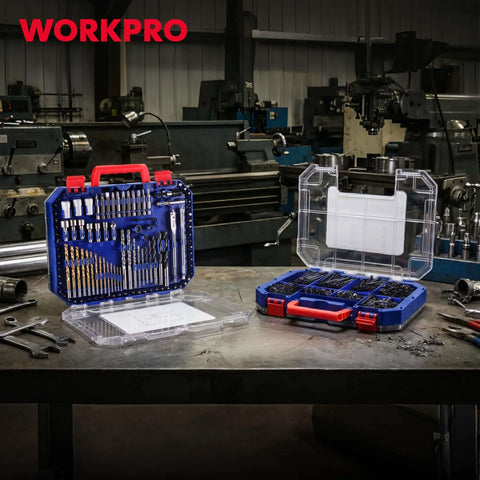 WORKPRO 455-piece drill and screwdriver bit set in two blue double-sided storage cases with titanium twist bits
