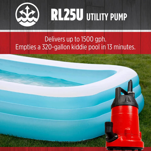 Heavy Duty 115 Volt One Quarter HP Aluminum Utility Pump With 1500 GPH Flow near kiddie pool on grass