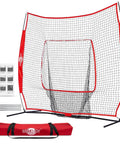 Front view of a Portable 7x7 Baseball Net For Batting And Pitching with red frame, carry bag, and accessories.