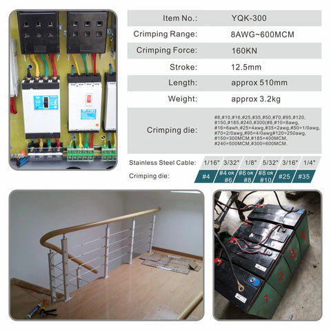 16 Ton Hydraulic Cable Lug Crimper Kit With 13 Die Sets For 9 AWG To 600 MCM Electrical Terminals specs and applications shown