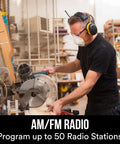 Person using saw wearing WorkTunes AM FM Hearing Protector With Built In Mic And High Fidelity Speakers, NRR 24 dB