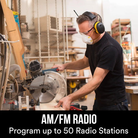 Person using saw wearing WorkTunes AM FM Hearing Protector With Built In Mic And High Fidelity Speakers, NRR 24 dB