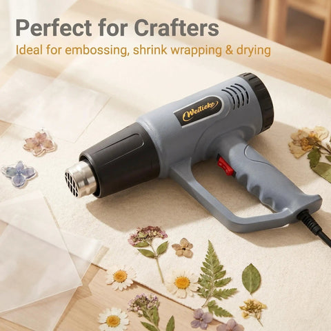 Powerful Dual Temperature Heat Gun With 572F And 1112F Settings Overload Protection shown with crafting items.