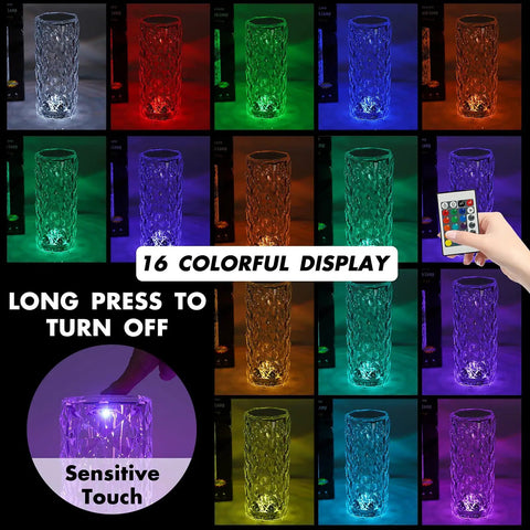 Touch Control Rose Crystal Lamp With USB Port 16 RGB Color Changing LEDs showing various color displays and remote control.