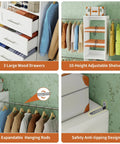 Walk In Closet Organizer Tower With Adjustable Shelves And Four Expandable Hanging Rods in white, showing drawers, shelves, and hanging rods in use.
