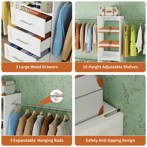 Walk In Closet Organizer Tower With Adjustable Shelves And Four Expandable Hanging Rods in white, showing drawers, shelves, and hanging rods in use.